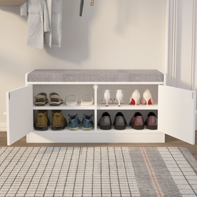 SEVOBAL Shoe Racks Storage Bench with Cabinet and Comfortable Cushioned Seat for Living Spaces, White Gray, 35.43"*14.17"*17.72"