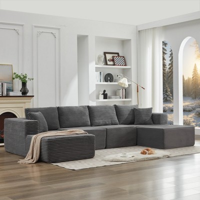 136.7" Corduroy Upholstery U-Shaped Cloud Modular Sectional Sofa with Double Chaise Lounges, All-Foam Compression Design