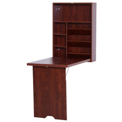 HOMCOM Compact Fold Out Wall Mounted Convertible Desk With Storage Mahogany