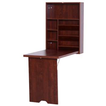 HOMCOM Wall Mounted Desk, Fold Out Convertible Desk, Multi-Function Computer Table Floating Desk with Shelves for Home Office, Mahogany
