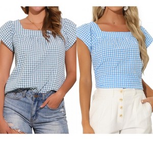 INSPIRE CHIC Women's Summer Square Neck Gingham Cap Sleeve Blouses 2 Packs - 1 of 4