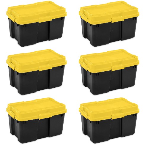 Sterilite 18339Y03 30 Gallon Heavy Duty Plastic Storage Container Box with  Lid and Latches, Yellow/Black (3 Pack)