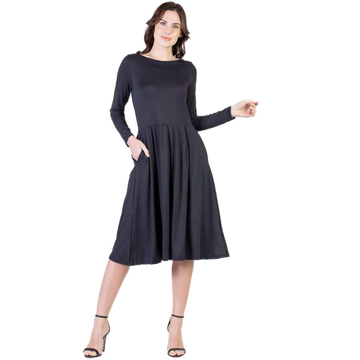 Petite Round Neck Long Sleeve Pleated Fit N Flare Pocket Midi Dress - 24seven Comfort Apparel™