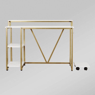 Modern Industrial Gold and Wood Writing Desk with Elevated Shelves