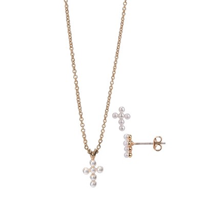 FAO Schwarz Gold Tone and Pearl Cross Pendant Necklace and Earring Set