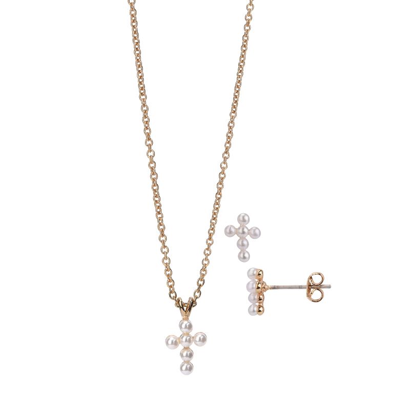 FAO Schwarz Gold Tone and Pearl Cross Pendant Necklace and Earring Set, 1 of 4