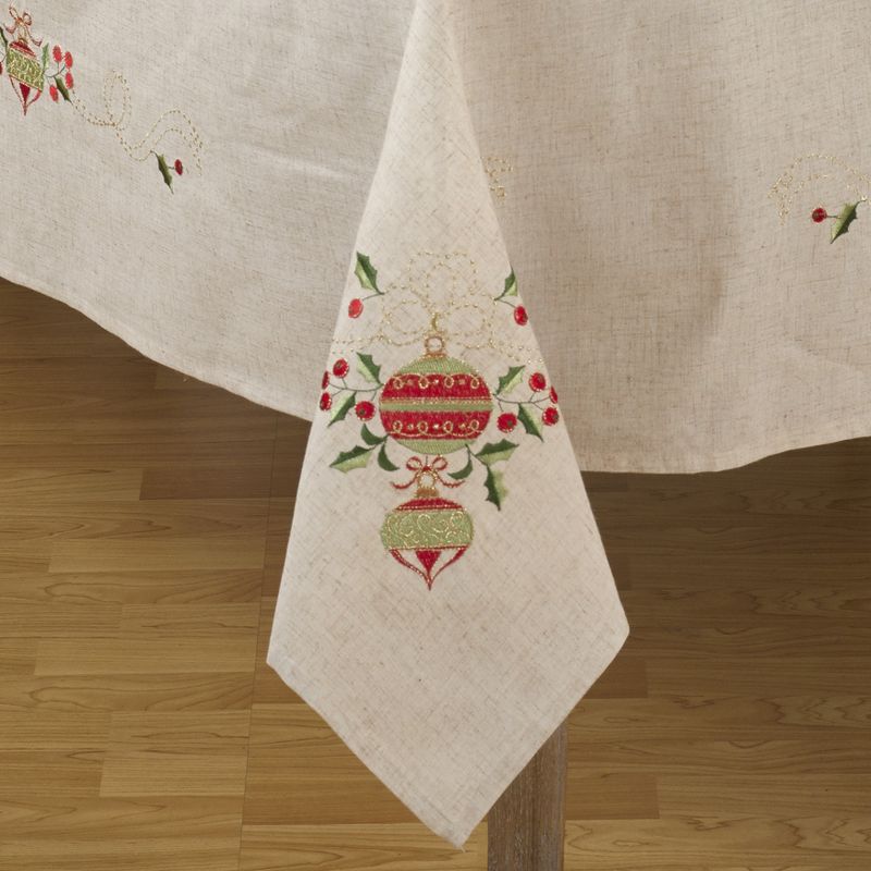 Saro Lifestyle Embroidered Ornament Holly Design Holiday Linen Blend Tablecloth, 3 of 5