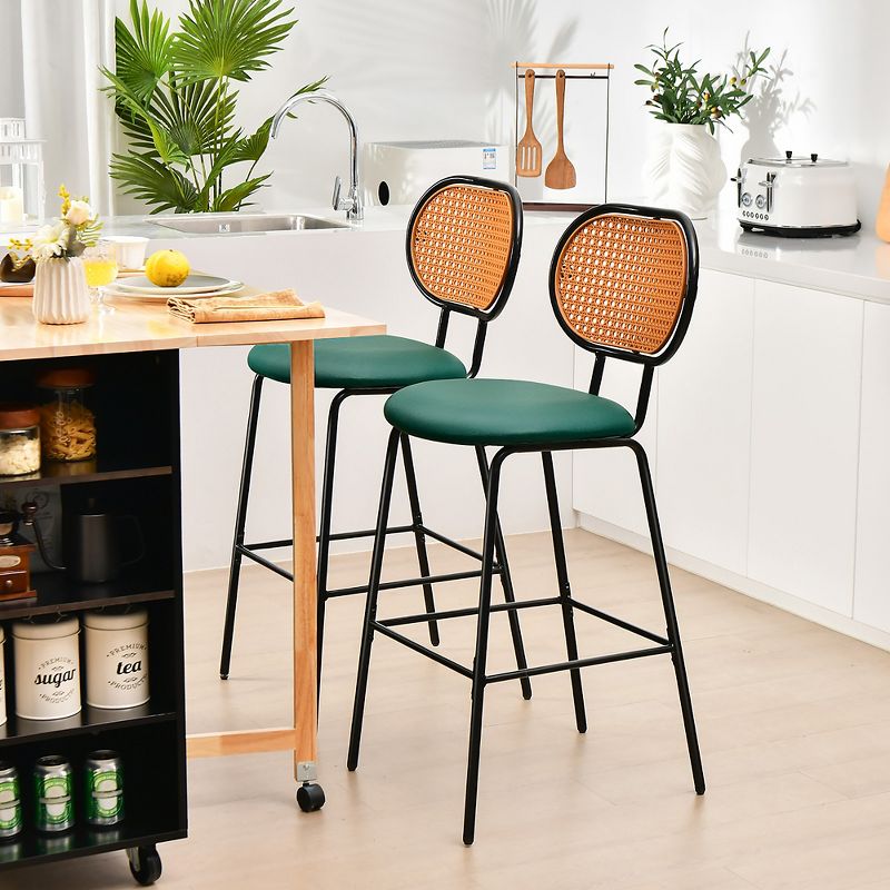 Costway Set of 2 Bar Stools Faux Leather Bar Height Kitchen Chairs with Rattan Back Brown/Green, 2 of 11