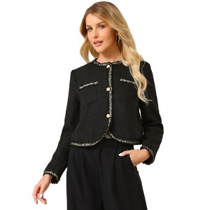 Hobemty Women's Elegant Tweed Long Sleeve Panel Trim Work Office Blazer - 1 of 4