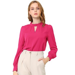 INSPIRE CHIC Women's Office Keyhole Elegant Stand Collar Long Sleeve Back Neck Button Blouse - 1 of 4