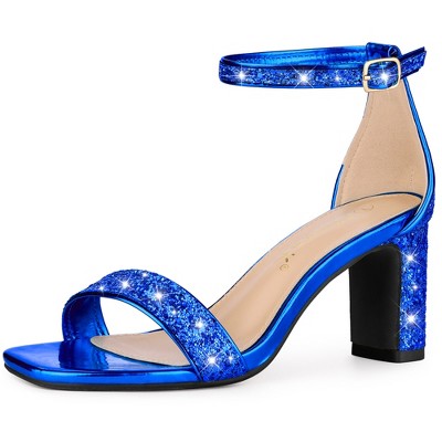 Allegra K Women's Glitter Square Toe Ankle Buckle Strap Chunky Heels Sandals