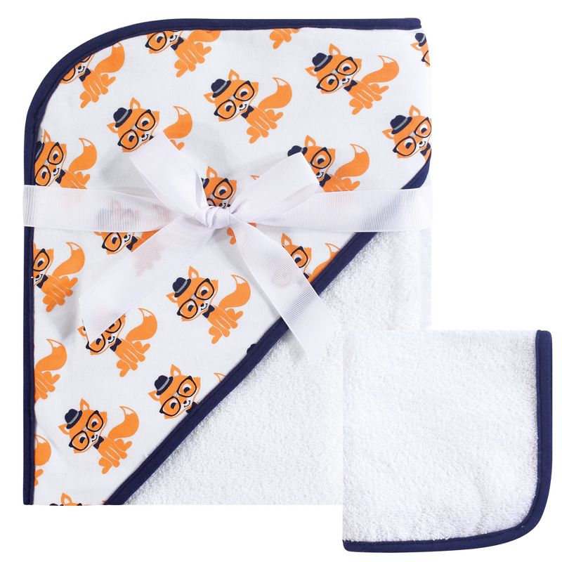 Hudson Baby Infant Boy Cotton Hooded Towel and Washcloth 2pc Set, Nerdy Fox, One Size, 1 of 3