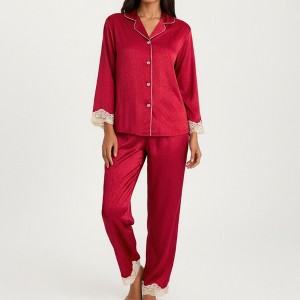 Anna-Kaci Lounge Women's 2-Piece Set Satin Button Front Pajama Top with Lace Trim Sleeves and Matching Elastic Waist Pants - 1 of 4
