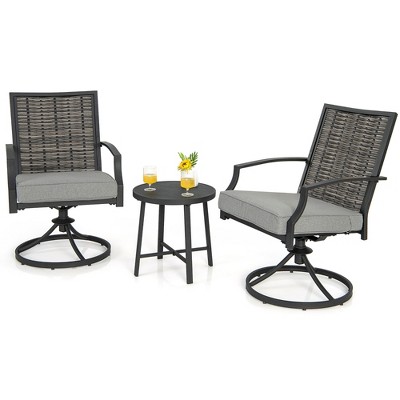 Tangkula 3PCS Swivel Chair Set Coffee Table Wicker Cushioned Seat Balcony Porch Patio