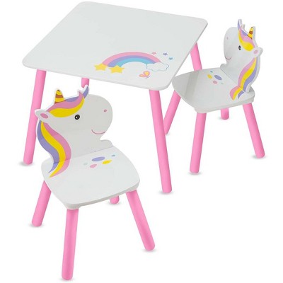 HearthSong Kids' Rainbow Unicorn Table and Two Chairs Playroom Furniture Set