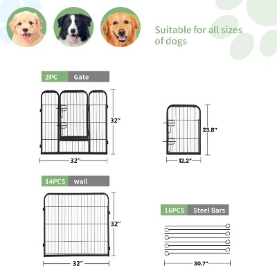 Black Metal 32" Height 16-Panel Dog Playpen with Doors