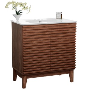 ROOMTEC 24 in. Bathroom Vanity with Ceramic Sink, Mid-Century Cabinet with 2 Soft-Close Doors, Freestanding, Wood Grain Laminate, Walnut - 1 of 4