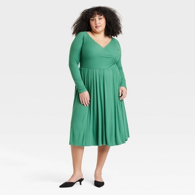 Women's Long Sleeve Rib-Knit Midi Wrap Dress - Ava & Viv™ Green XXL