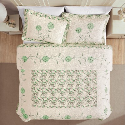 Full Size Sage Green Embroidered Floral Polyester Quilt