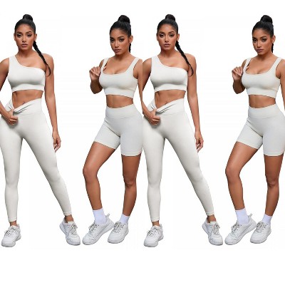 INSPIRE CHIC 2 Sets Women's Exercise Yoga Outfits Scoop Neck Seamless Ribbed Shorts High Waist Shapers