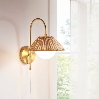 Gold Iron Wall Sconce with Rattan Shade and Frosted Globe