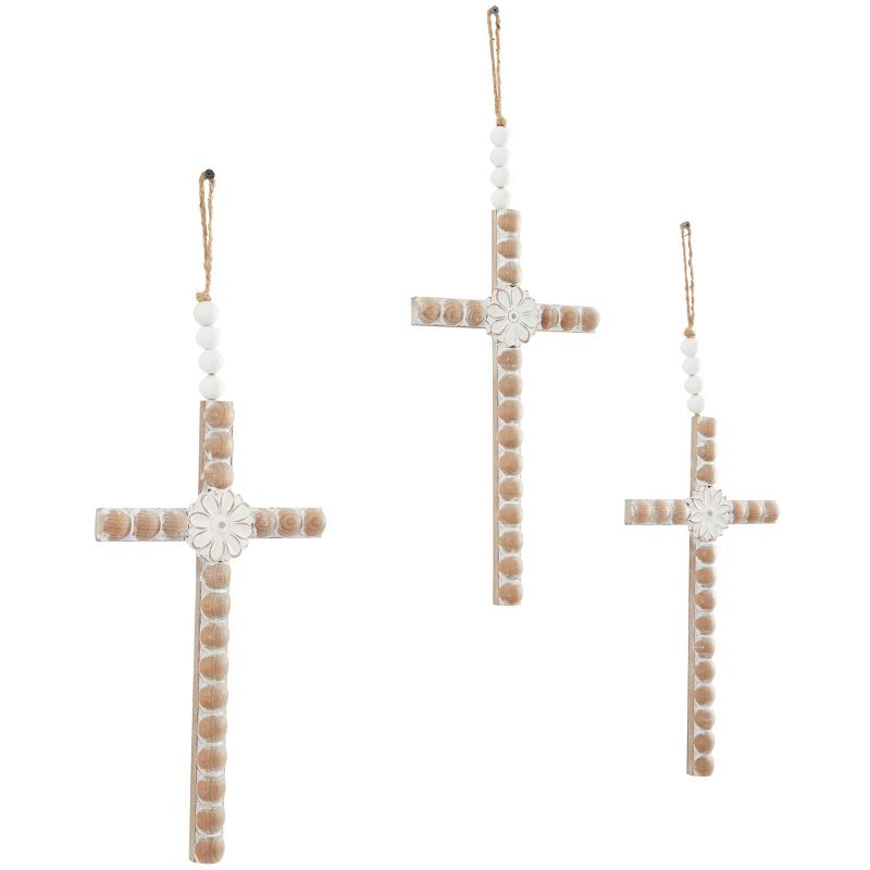 Set of 3 Wood Biblical Carved Beaded Crosses Wall Decors with Rope Hanger Light Brown - Olivia &#38; May, 4 of 6