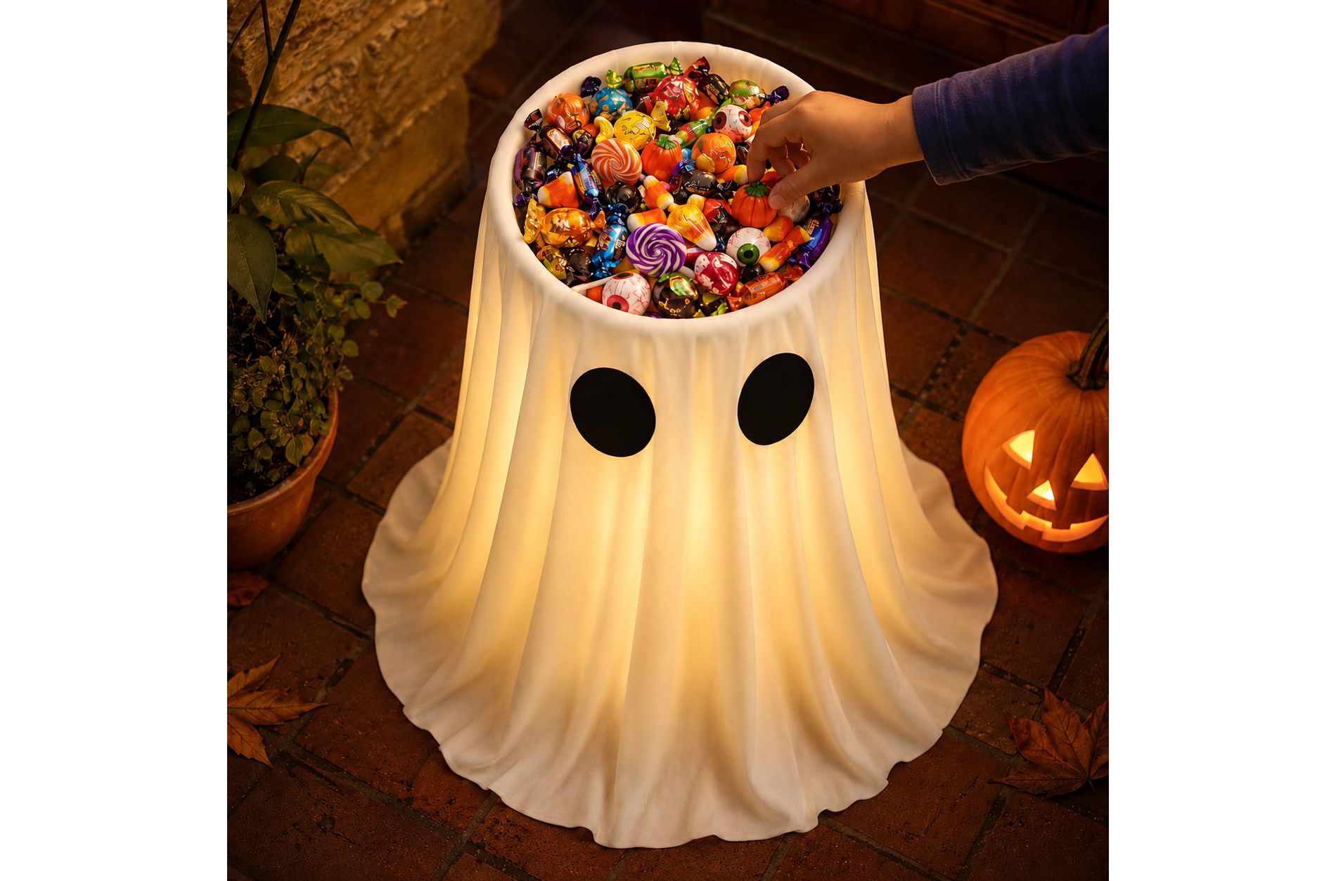 30 Inch Lighted Halloween Ghost Candy Bowl with Remote Timer, 8 Light Modes, Outdoor Trick-or-Treat Decoration for Front Door, Porch, Yard and Party