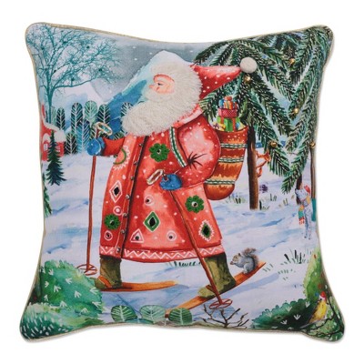 18"x18" Ski Santa Christmas Indoor Square Throw Pillow - Pillow Perfect: Embroidered, Beaded, with Jingle Bells