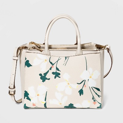 Floral Print Triple Compartment Zip Closure Satchel Handbag - A New Day™