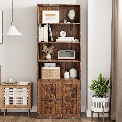 Garvee Farmhouse Bookcase with Doors 11.8in Deep Display Storage 23.6W x 71.4H Inches L-Shape Engineered Wood, Brown