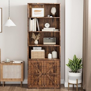 Garvee Farmhouse Bookcase with Doors 11.8in Deep Display Storage 23.6W x 71.4H Inches L-Shape Engineered Wood, Brown - 1 of 4
