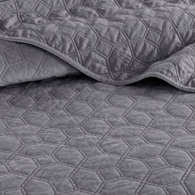 Gray King Velvet Reversible Quilt Set with Shams