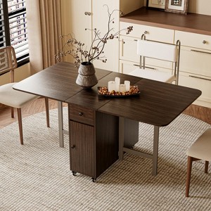 ATJafurn 58.9'' Folding Table No Assembly Required, Rectangular Wooden Extendable Dinning Table With Wheels And Storage - 1 of 4