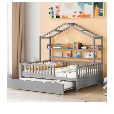 grey Full Size House Bed, Full Size House Bed Frame With Drawers & Storage Shelves, Twin Size House Bed With Roof Design, 57.8"W  Wood Low Platf
