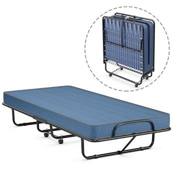 Costway Folding Bed with Memory Foam Mattress Portable Rollaway Guest Cot Memory Foam Navy Made in Ital