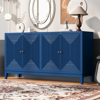 59.8"W Sleek Vertical Line Design Sideboard Buffet with Metal Handles, 4-Door Storage Cabinet - ModernLuxe