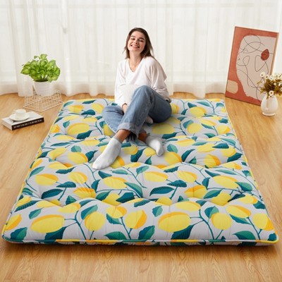 Japanese Style Floral Print Futon Mattress, Portable Floor Mattress Roll-Up Tatami Mat with Yellow Lemon Design, Ideal for Sleeping & Travel