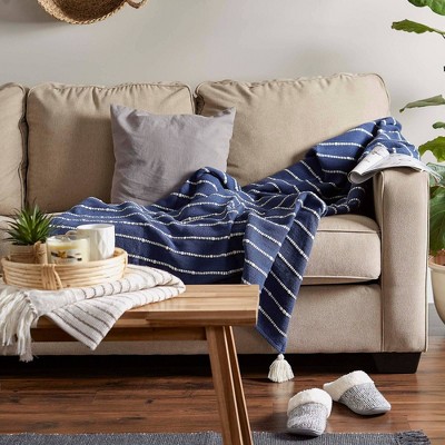 French Blue and Off-White Striped Cotton Throw with Tassels