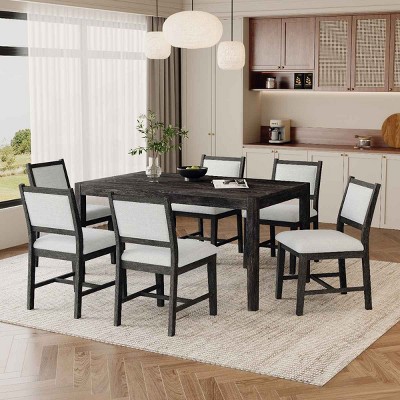 7 PCS Retro Dining Set, Rectangular Wood Table with MDF Top, Upholstered Chairs with Solid Rubberwood Frame and Cushion-Coolbibila