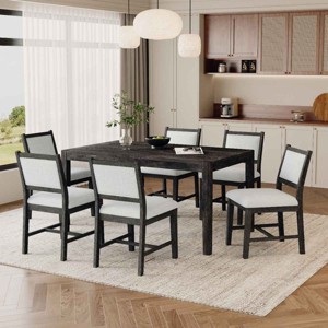 7 PCS Retro Dining Set, Rectangular Wood Table with MDF Top, Upholstered Chairs with Solid Rubberwood Frame and Cushion-Coolbibila - 1 of 4