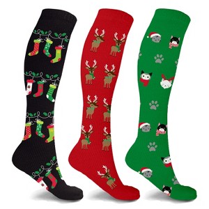 Copper Zone Christmas Fun Knee High Compression Socks Great Stocking Stuffer - 3 Pair Pack - 1 of 4