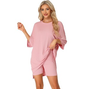 cheibear Women's Knit Loose Fit T-Shirt with Biker Shorts Lounge Sleepwear Pajama Sets - 1 of 4