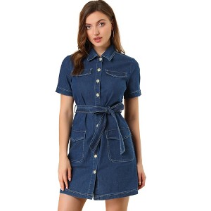 Allegra K Women's Jean Casual Collared Belted Button Down Denim Shirt Dress - 1 of 4