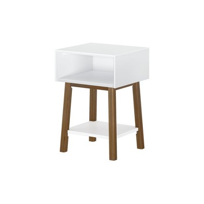 White and Pecan Mid-Century Modern Side Table with Storage