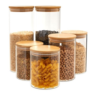 Juvale 6 Piece Set Glass Storage Containers with Bamboo Lids, Airtight Pantry Canisters in 3 Sizes