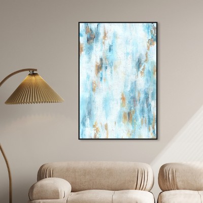 Large Blue and White Abstract Canvas Wall Art with Black Frame