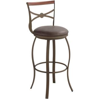 Elm Lane Haidar Bronze Metal Swivel Bar Stool Brown 25" High Traditional Faux Leather Round Cushion with Backrest Footrest for Kitchen Counter Height