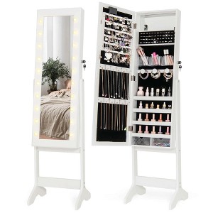 Costway LED Mirror Jewelry Cabinet with 20 LED Lights Full-Length Mirror Adjustable Angles White/Brown/Black - 1 of 4