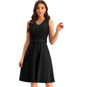 Allegra K Women's V-Neck Sleeveless Below Midi Belted Work A-Line Dress - 1 of 4
