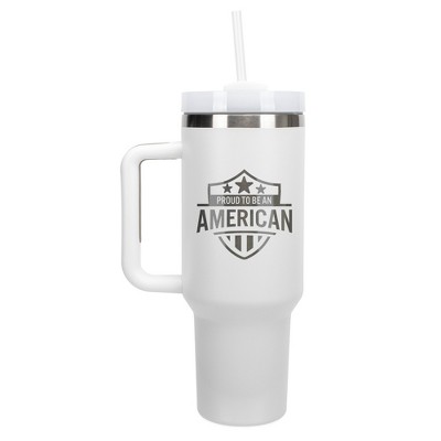 100 North Proud To Be An American Flag Shield Wrap-Around 40 Oz. Stainless Steel Water Bottle Coffee Mug, Spill & Leak Resistant, Travel Tumbler with